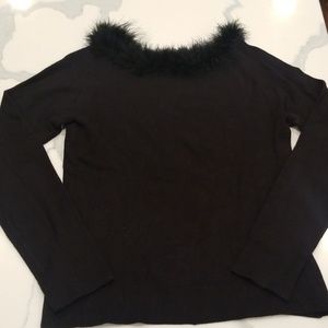 BCBG Feather Collar Black Sweater Top